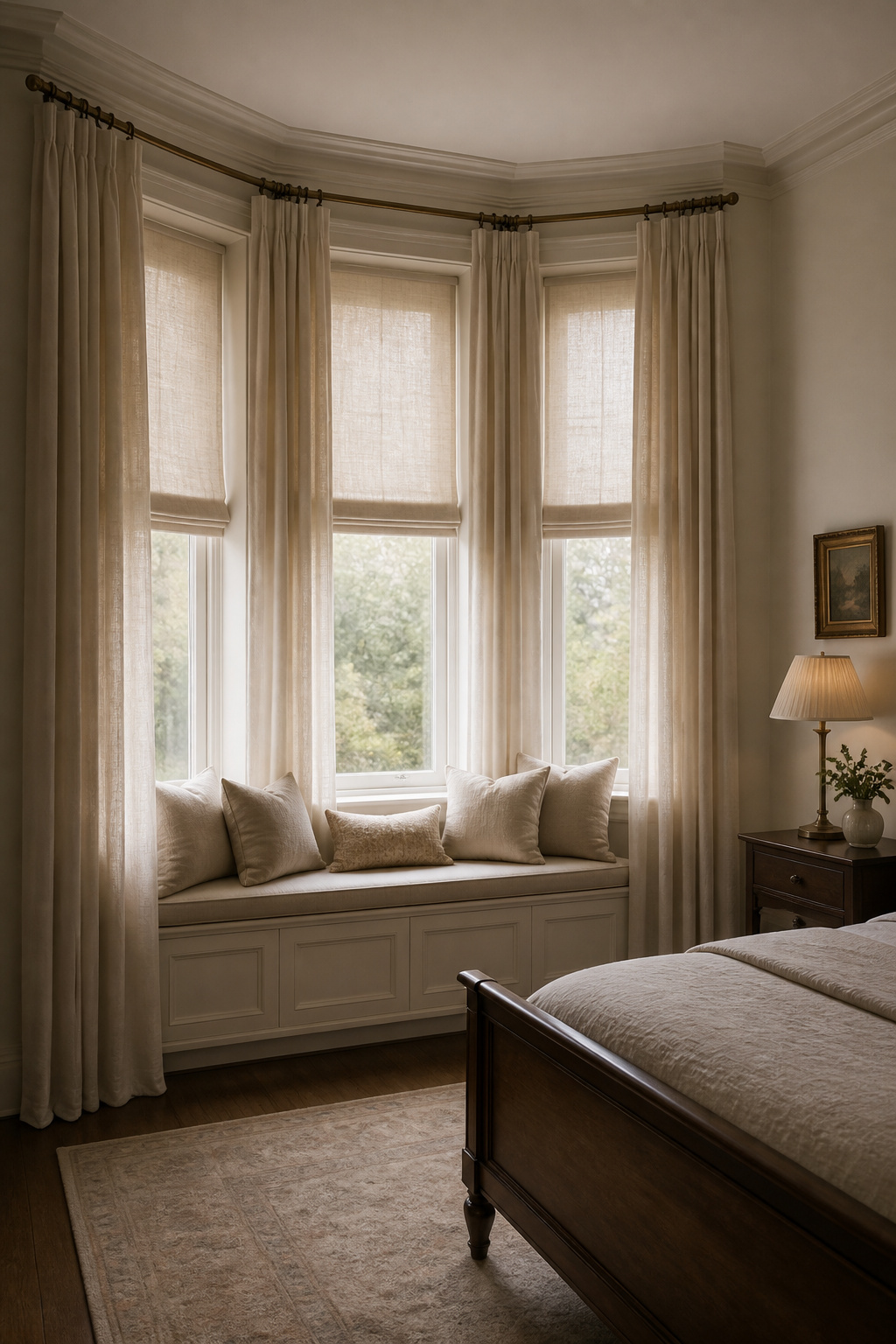 Fully dressed bay window bedroom with curved-track curtains, even panel proportion, and a built-in window seat