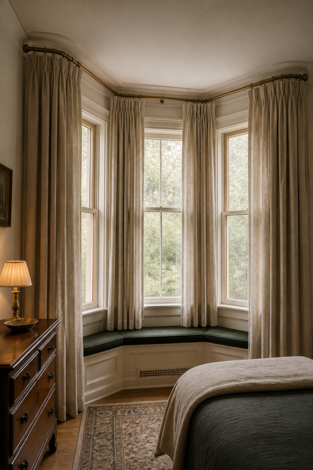 Three-sided bay window in a bedroom dressed with linen curtains on a curved track that follows the window's angles