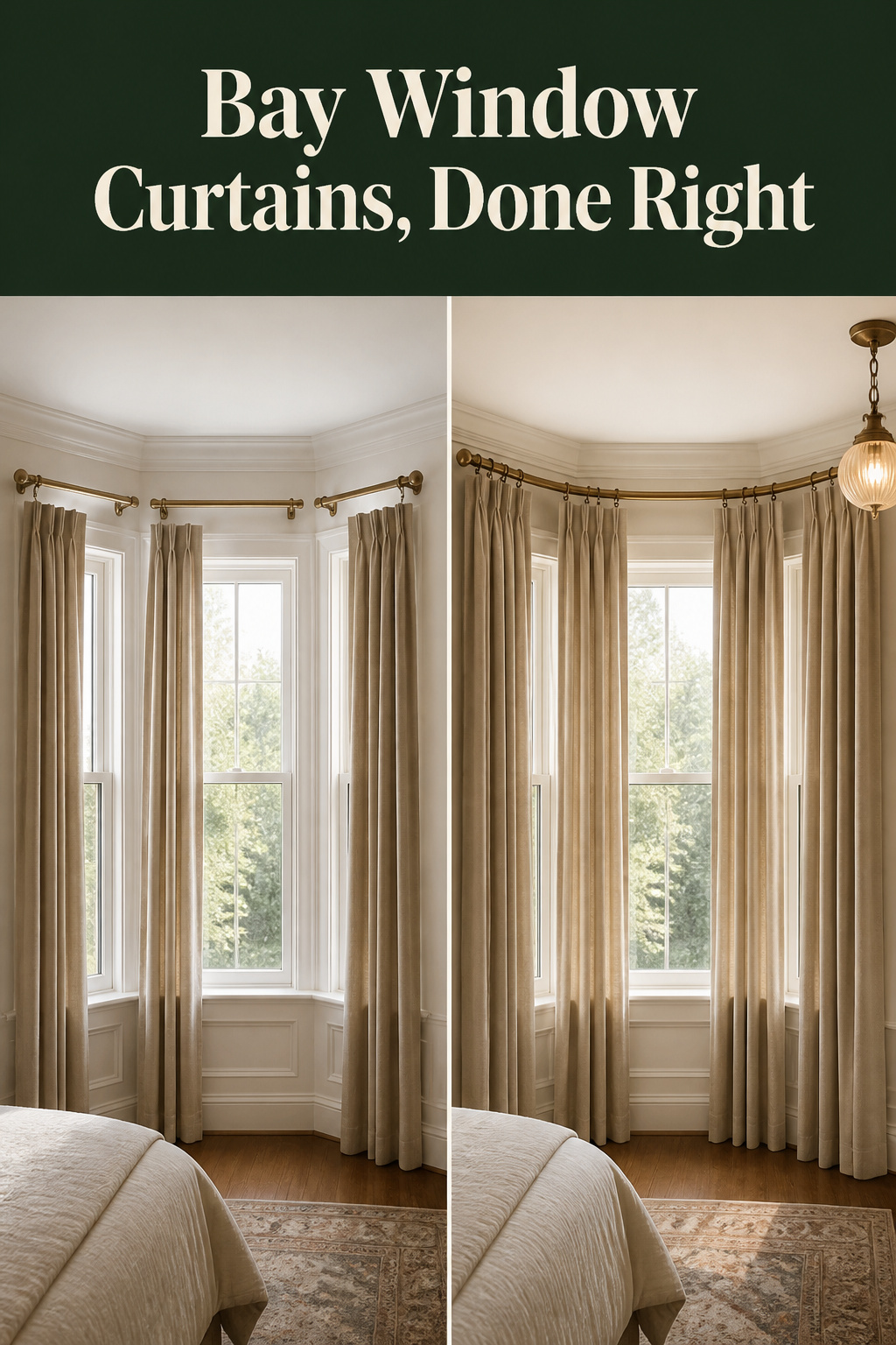 Pinterest pin comparing a mismatched bay window curtain setup to one correctly dressed with a curved track and even panel proportions