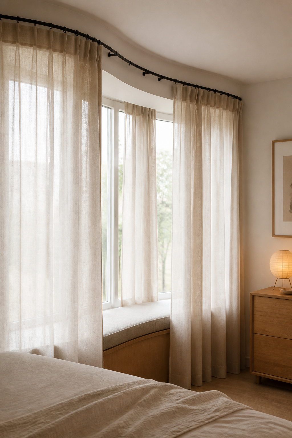 Bay window with three angled panels dressed in linen curtains on a curved track