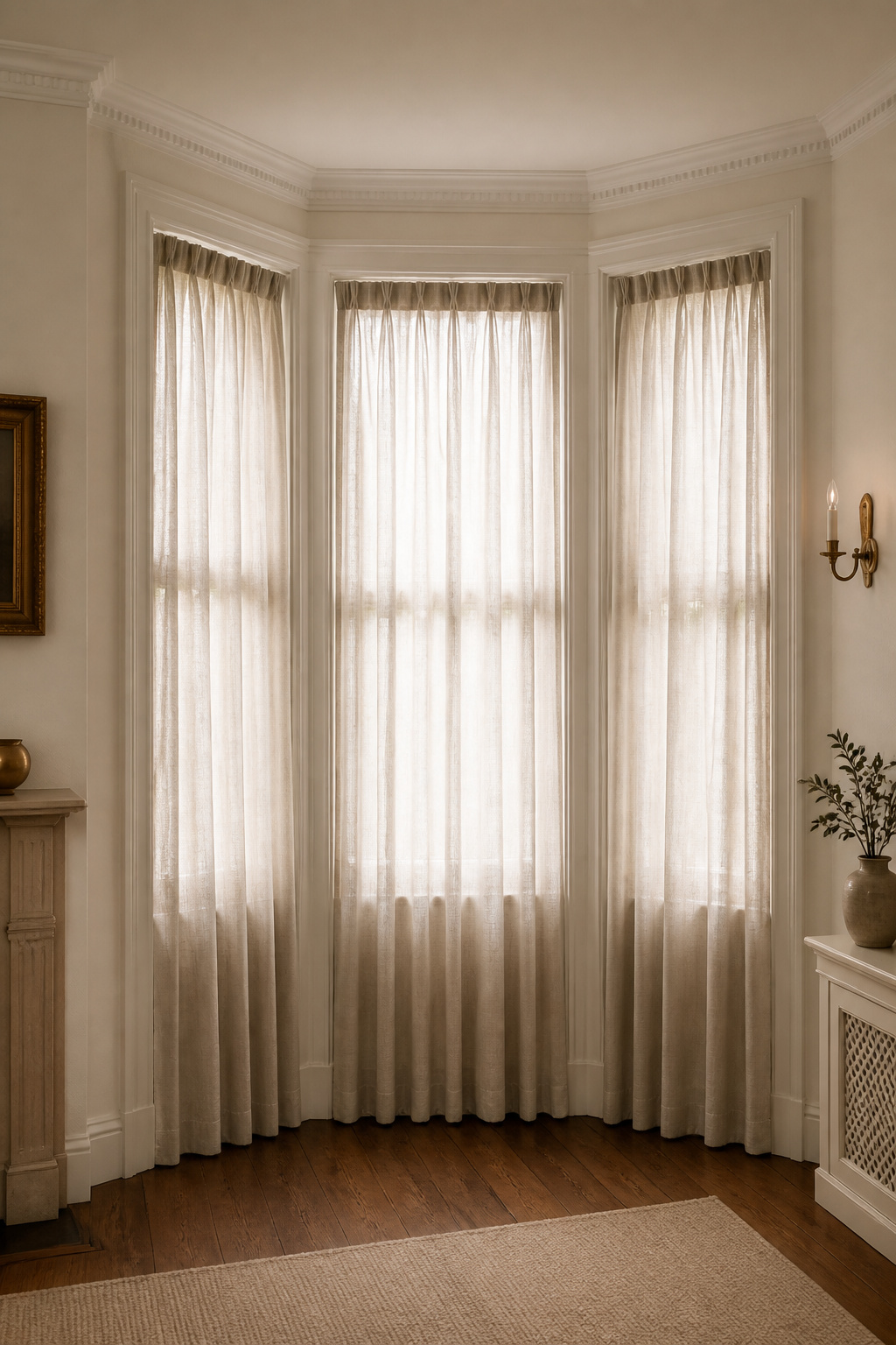 Three-pane bay window dressed with evenly proportioned linen curtain panels on the centre and both side panes
