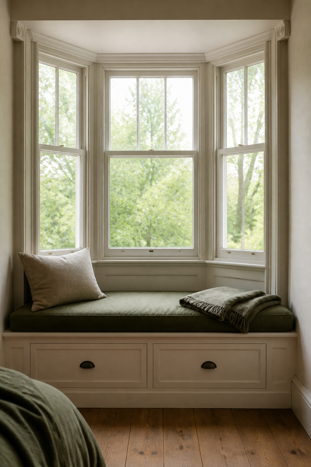Built-in window seat with hidden storage fitted into a small bedroom's bay window alcove, styled minimally
