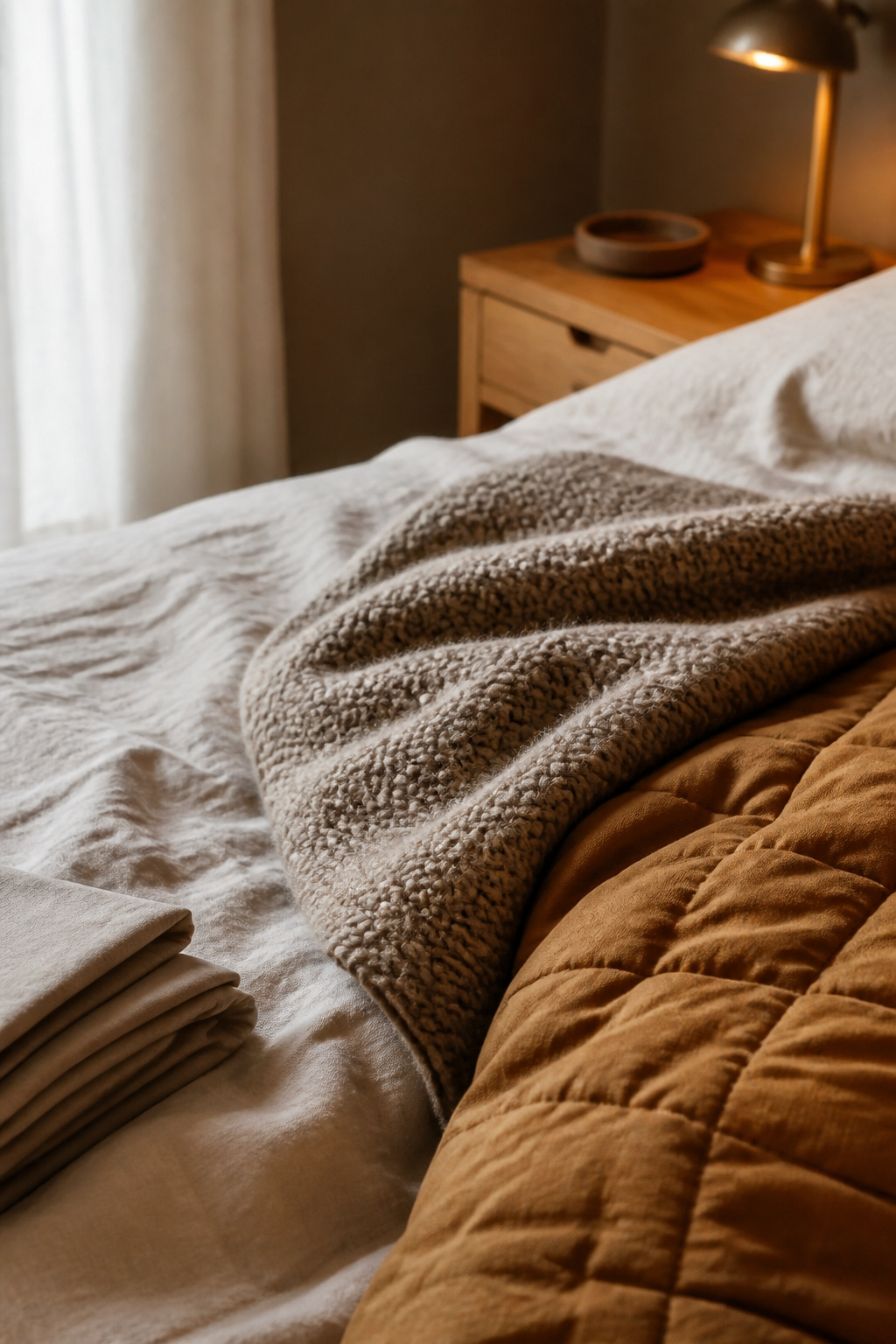 Close-up of layered bedding fabrics including linen sheeting, a chunky wool knit throw and a quilted honey-toned duvet