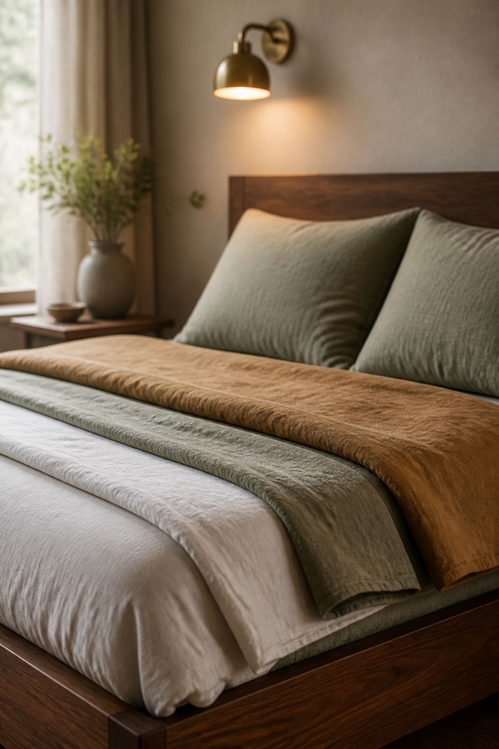 A bed with linen sheet, sage coverlet and honey duvet folded back in stages to reveal the correct layering order