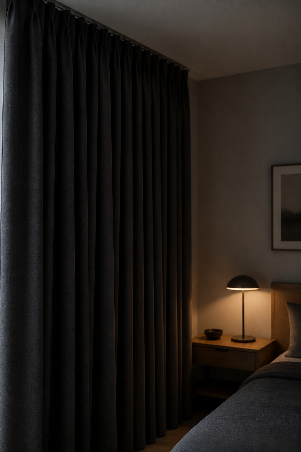 Heavy pinch-pleat blackout curtains fully closed across a bedroom window at dusk