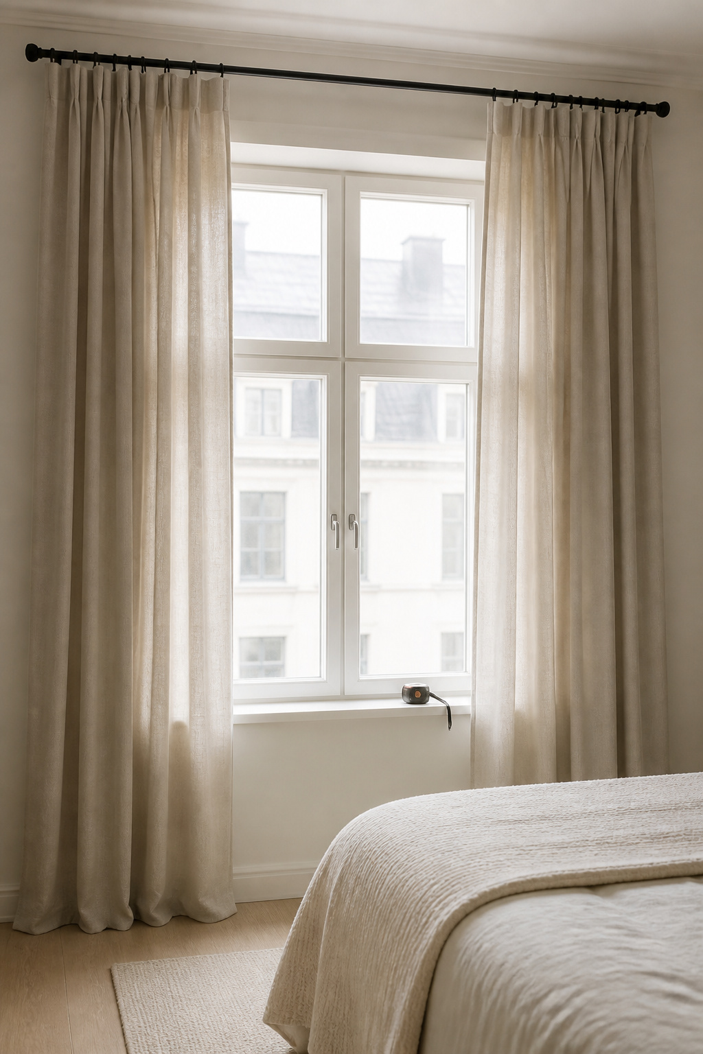 Finished bedroom window with curtain rod mounted high and wide and floor-length curtains hanging cleanly