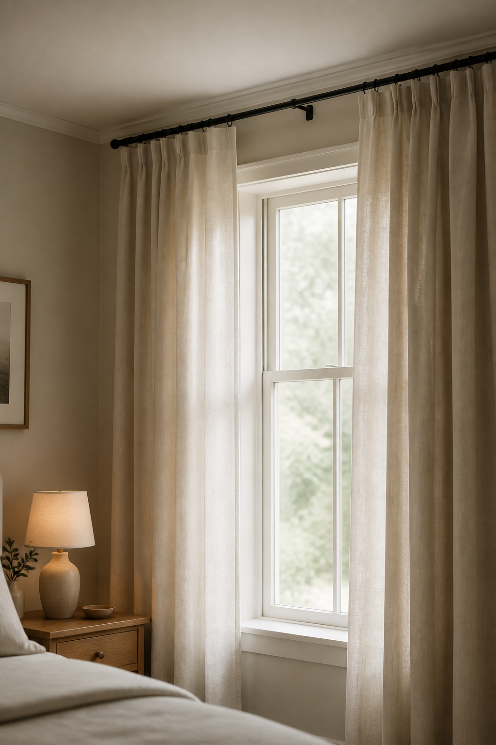Bedroom window with curtain rod mounted close to the ceiling, curtains hanging tall and proportioned