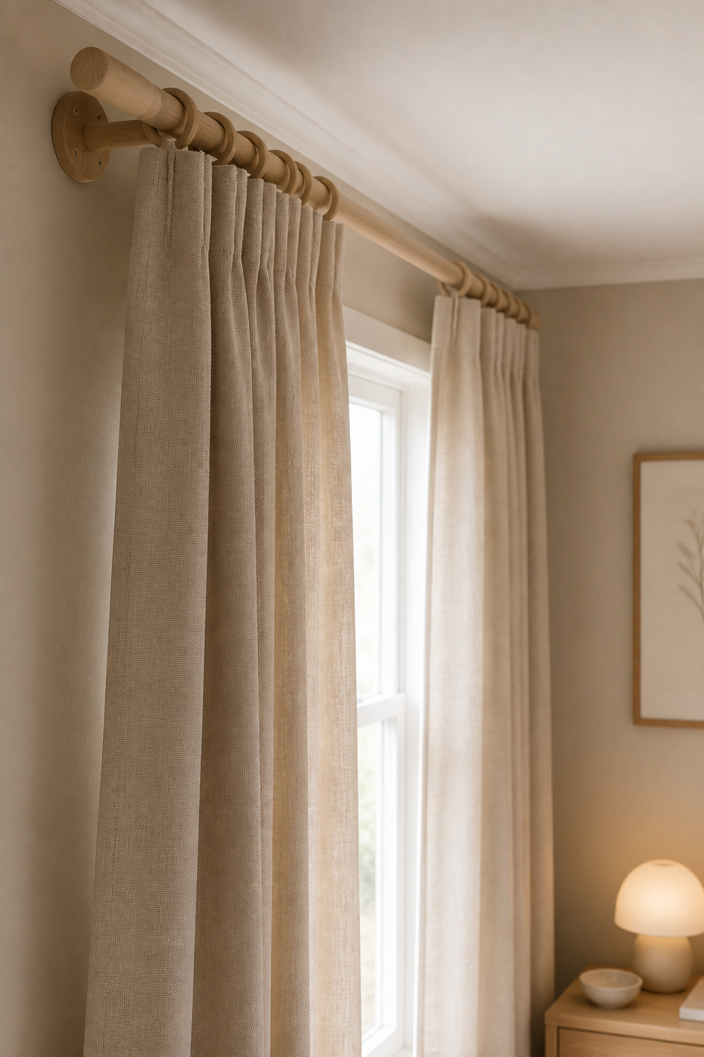 Curtain rod mounted near the ceiling with full linen panels extending past the window frame