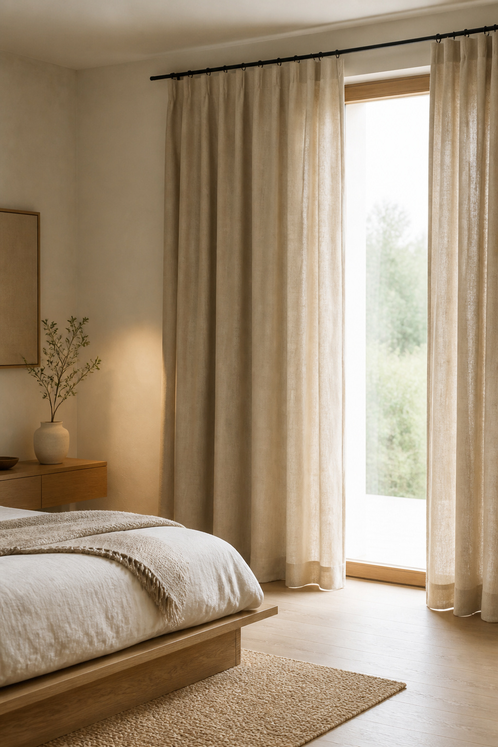 Bedroom curtains hung near the ceiling on a wide-mounted black rod, floor-length linen panels framing the window
