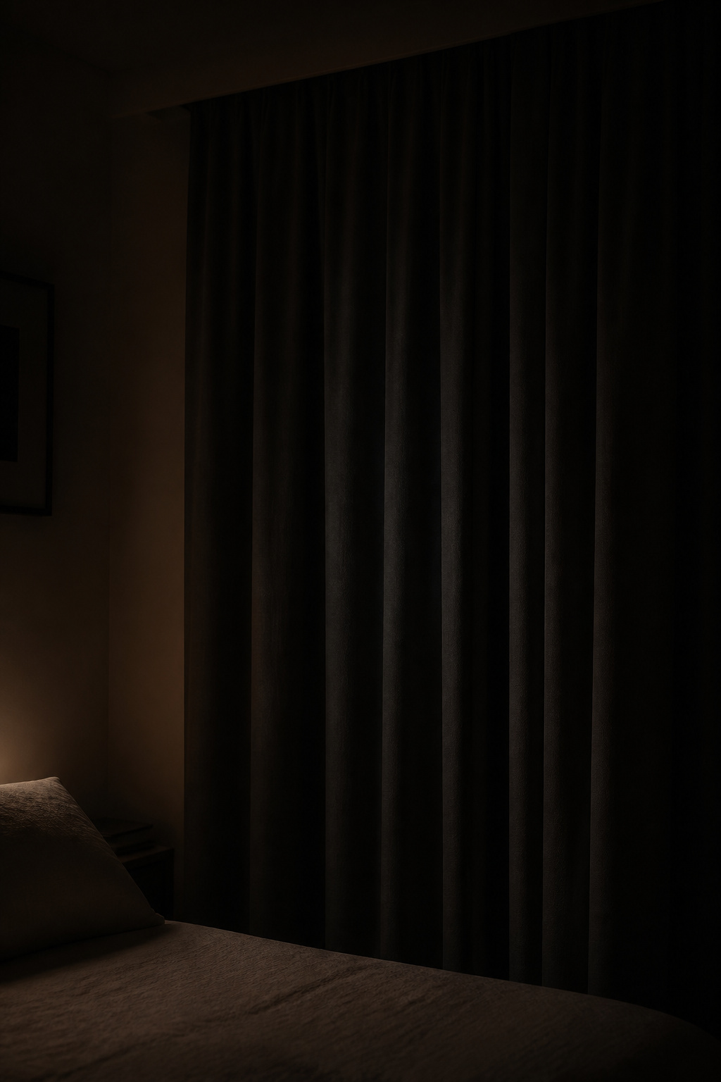 Bedroom window completely sealed by a heavy blackout curtain with no visible light leaking at the edges