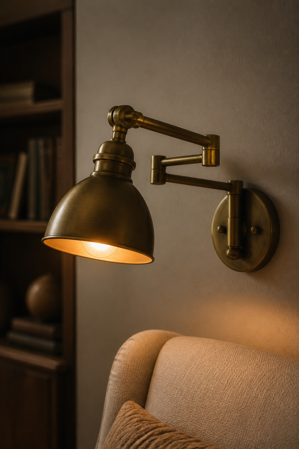Aged brass swing-arm wall sconce angled over the back of a linen reading chair in a warm bedroom corner