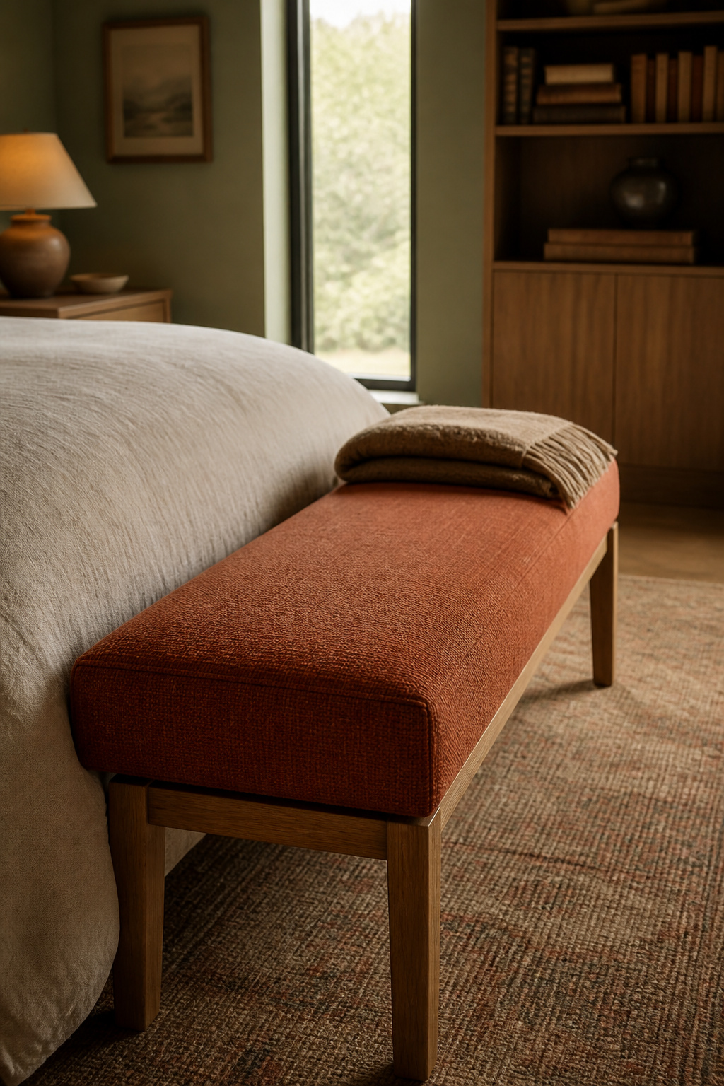 Terracotta upholstered bench with a wool throw at the foot of a bed beside a narrow window, styled as a small reading nook