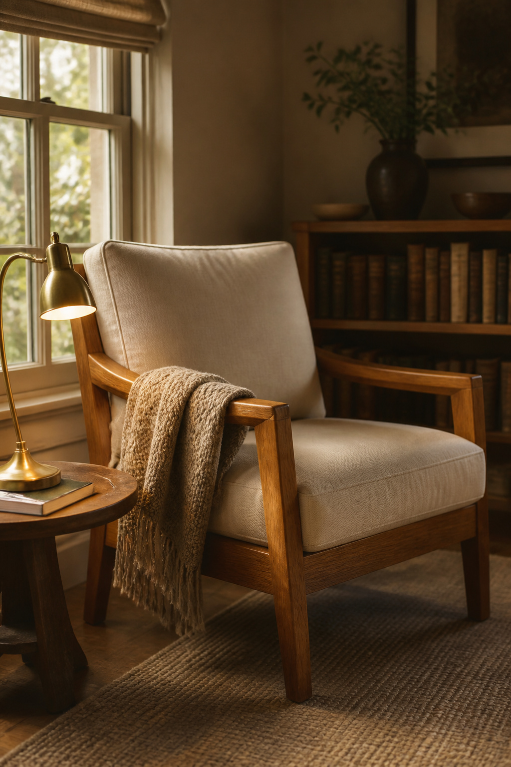 Honey oak armchair with linen upholstery and a wool throw in a warm bedroom reading corner beside a window