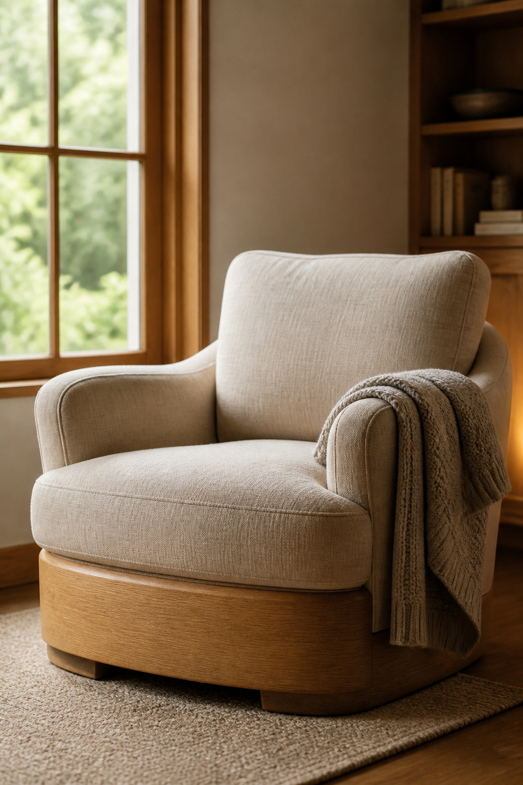Oversized linen armchair with a honey oak base and wool throw positioned beside a bedroom window