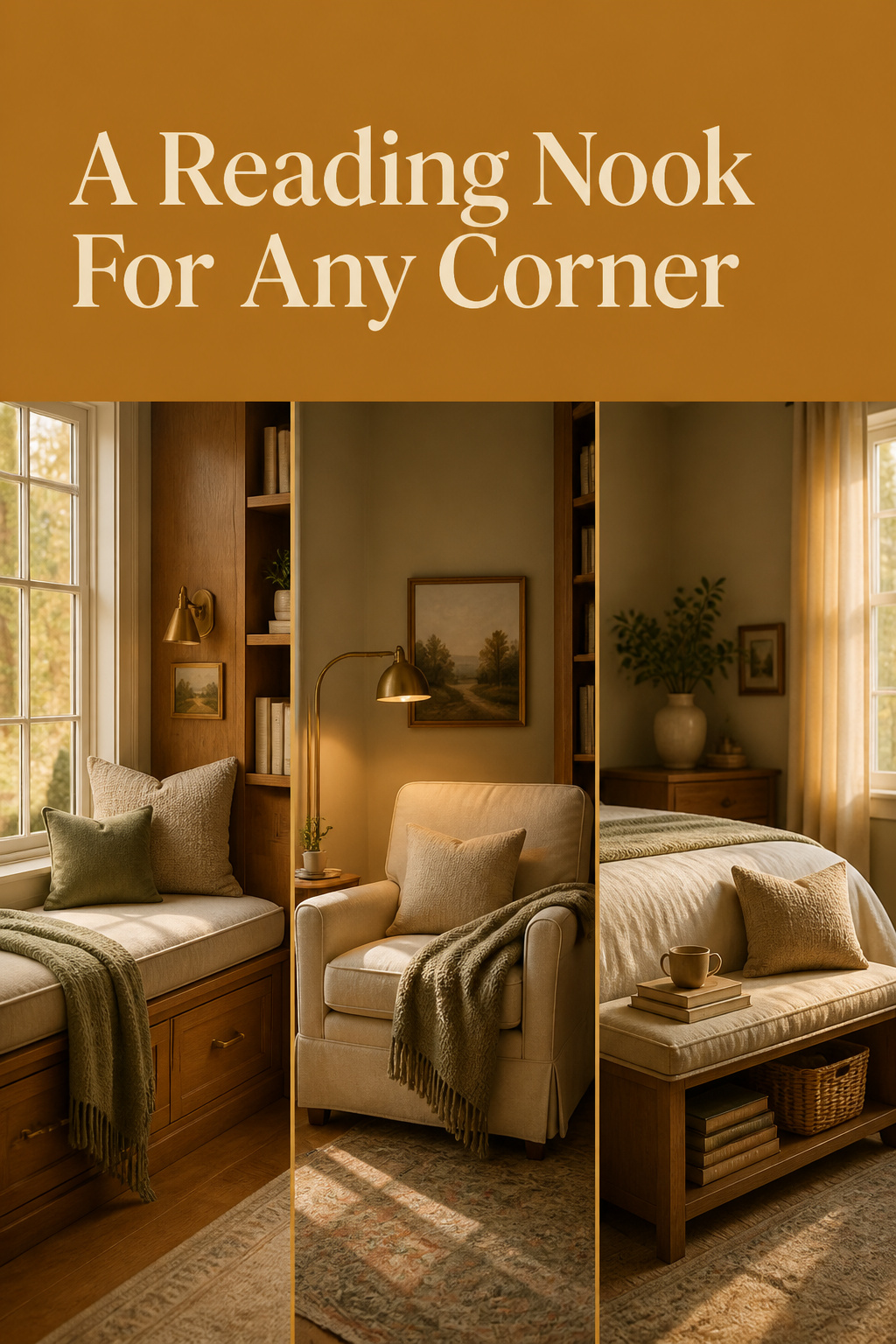 Pinterest collage of three bedroom reading nook styles: window seat, corner armchair with brass lamp, and foot-of-bed bench