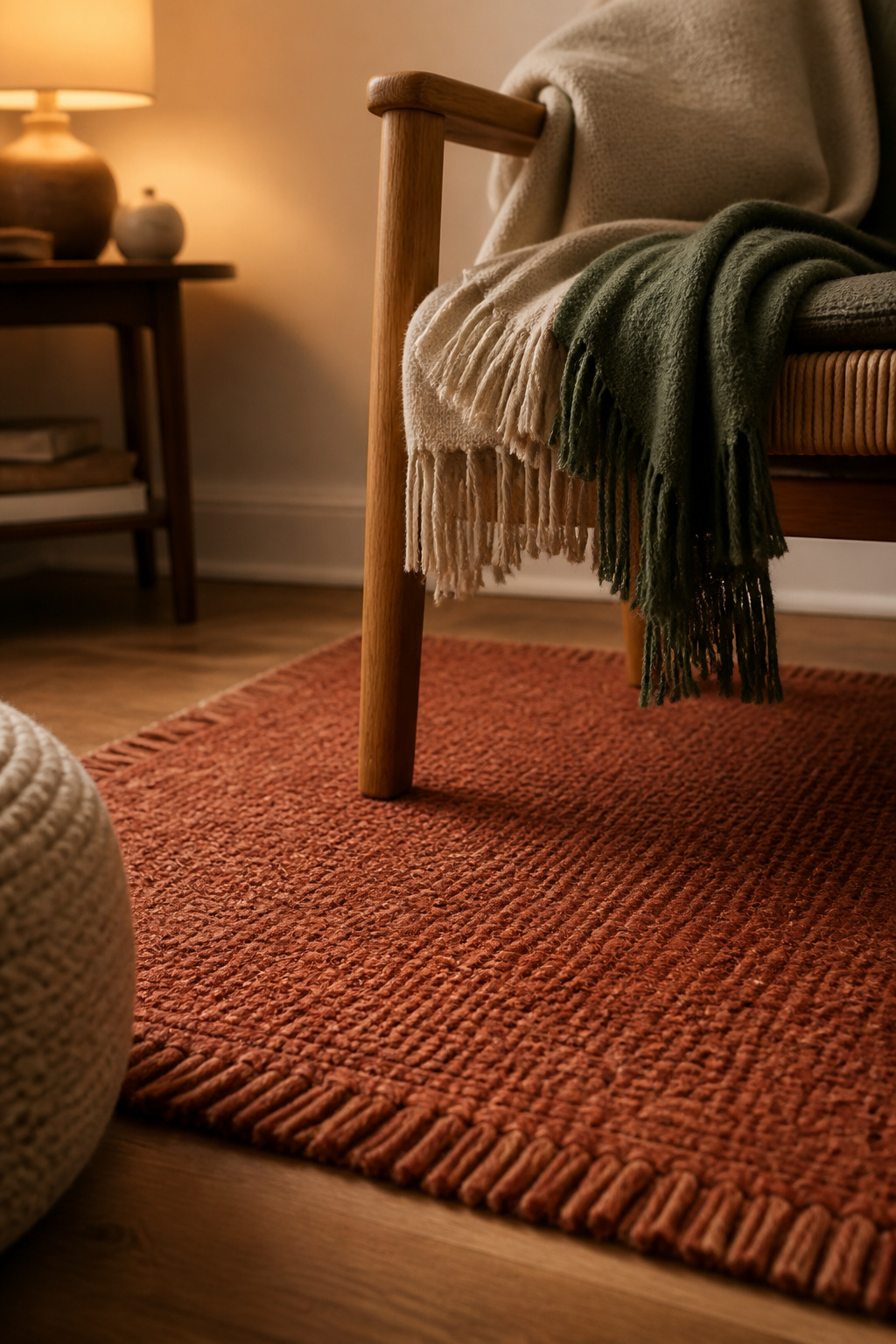 Terracotta wool rug edge beneath a honey oak chair leg with layered oatmeal and sage throws, marking the boundary of a bedroom reading corner