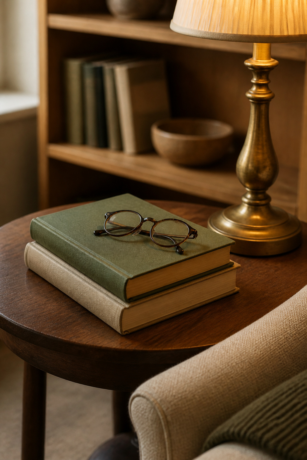 Small walnut side table with a stack of books and a brass lamp beside a shallow honey oak shelf in a reading corner