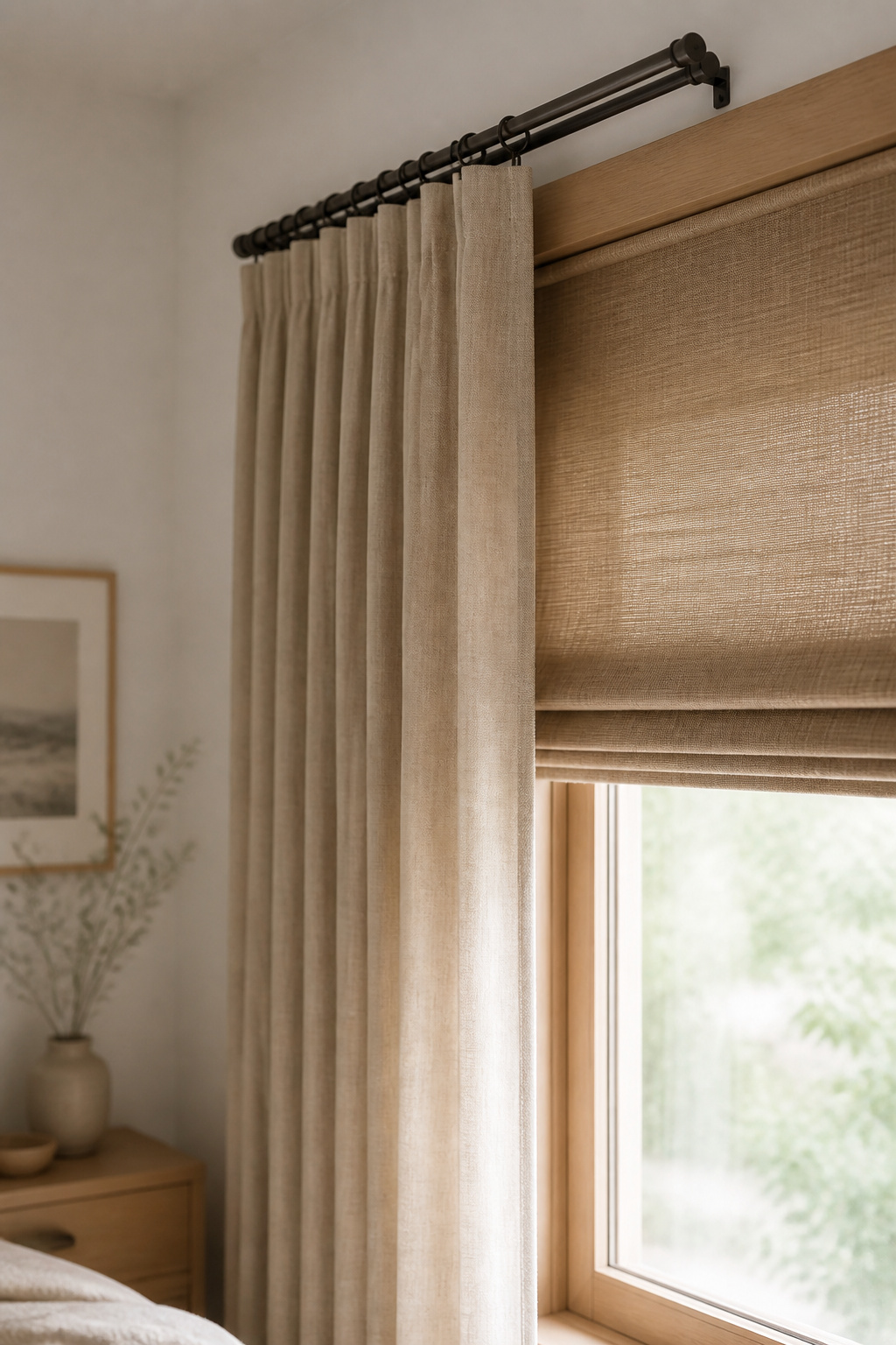 Roman shade layered under linen drapery on a double curtain rod in a bedroom window