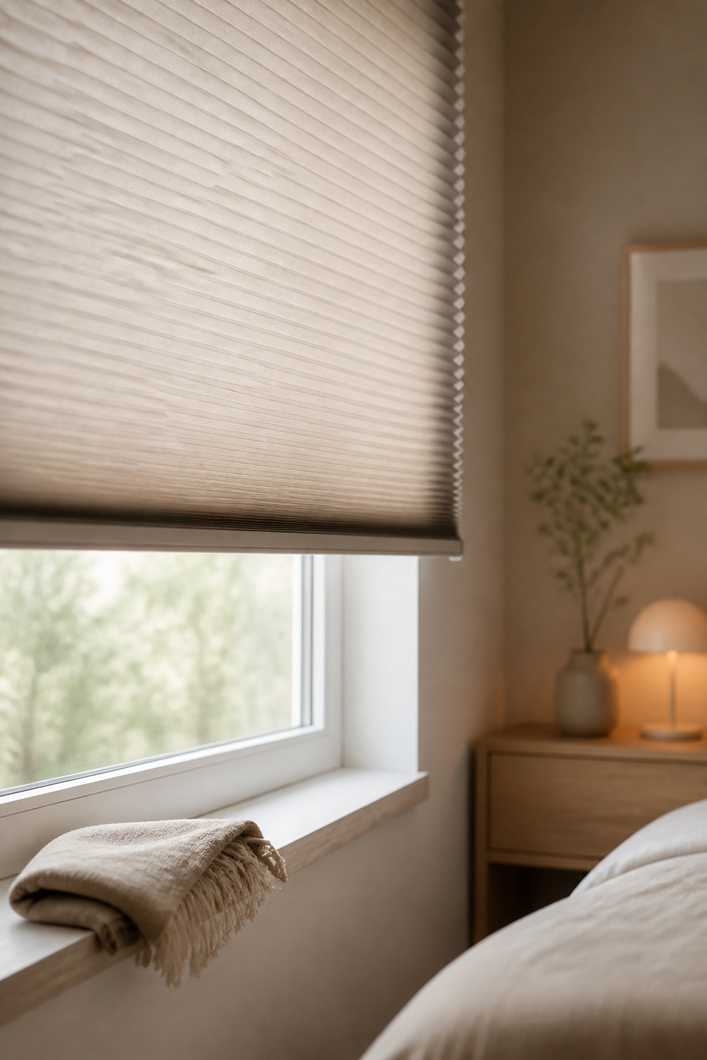Cellular honeycomb shade half-lowered over a bedroom window showing filtered light control