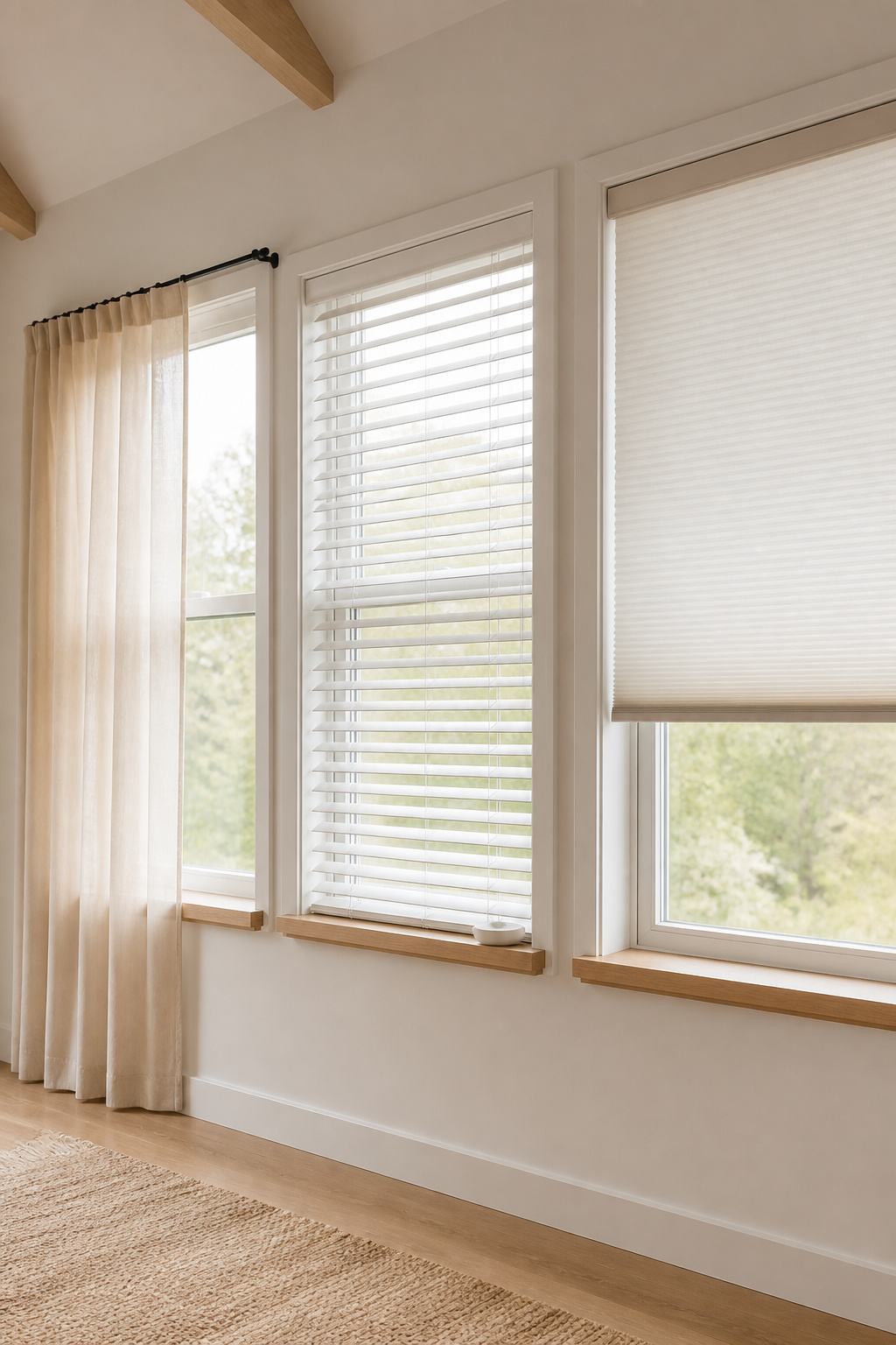 Three bedroom windows compared side by side dressed in curtains, blinds, and a cellular shade