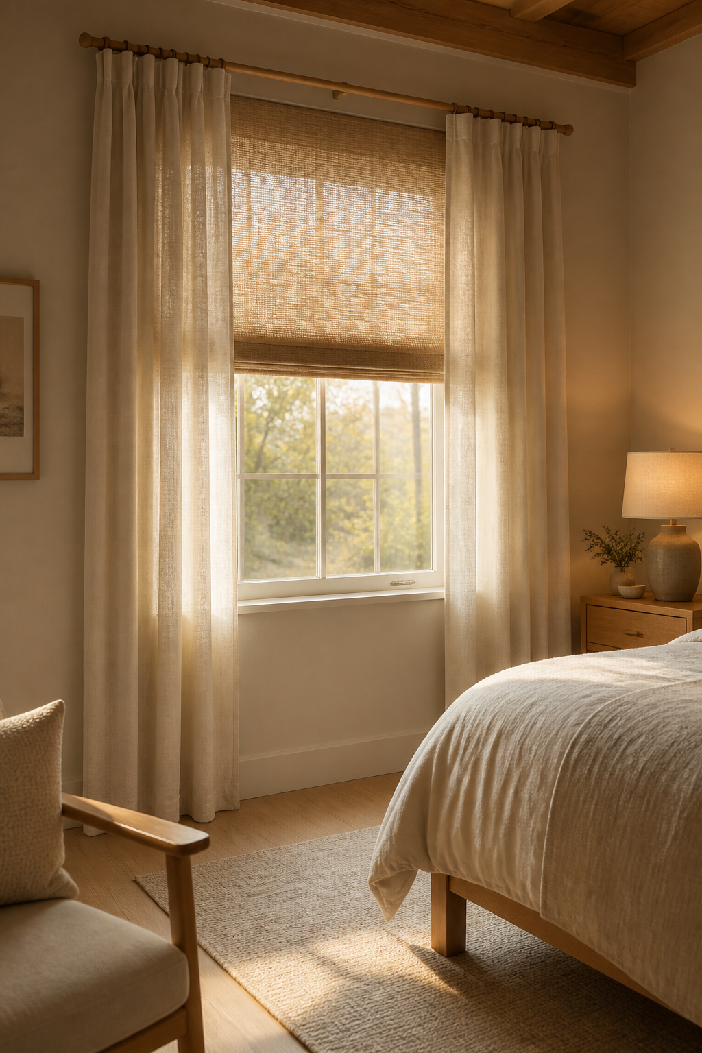 Fully dressed bedroom window with layered roman shade and linen curtains at golden hour