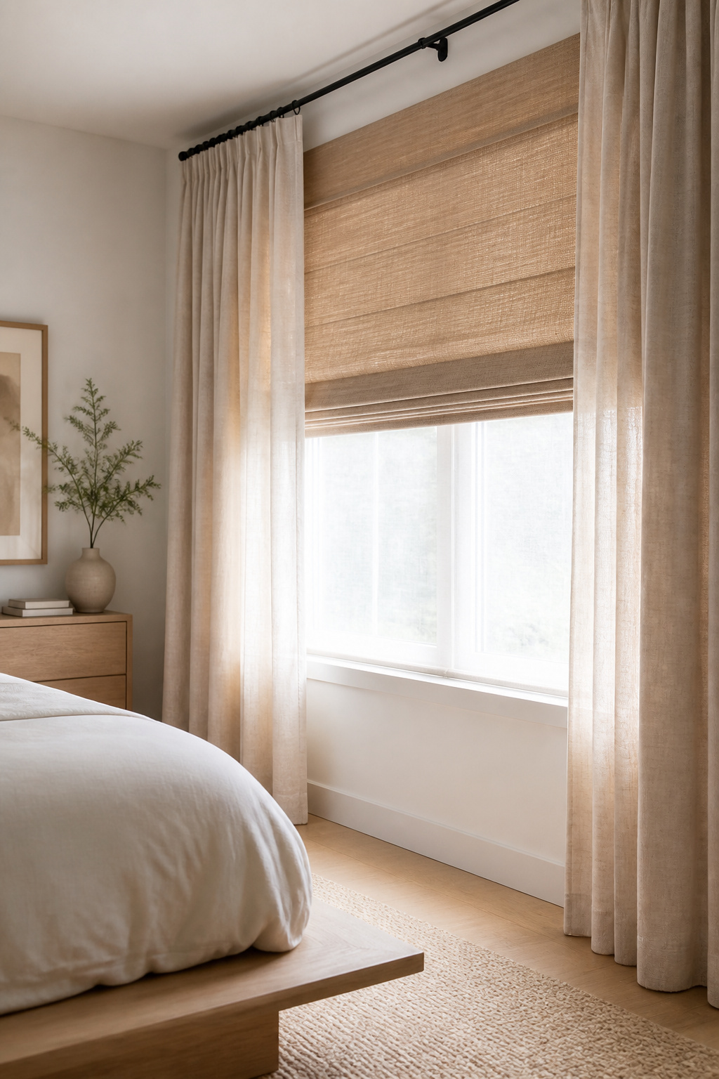 Bedroom window dressed with a light-oak roman shade layered under flowing linen curtains in morning light