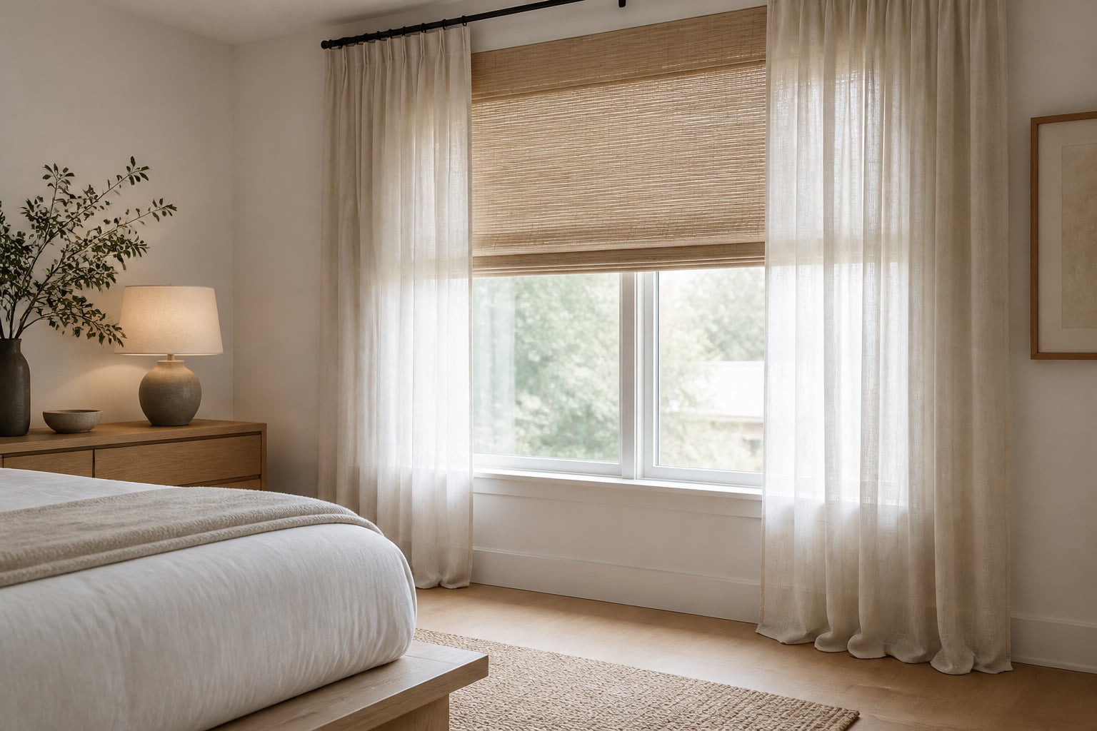 Bedroom window dressed with a light-oak roman shade layered under flowing linen curtains in morning light