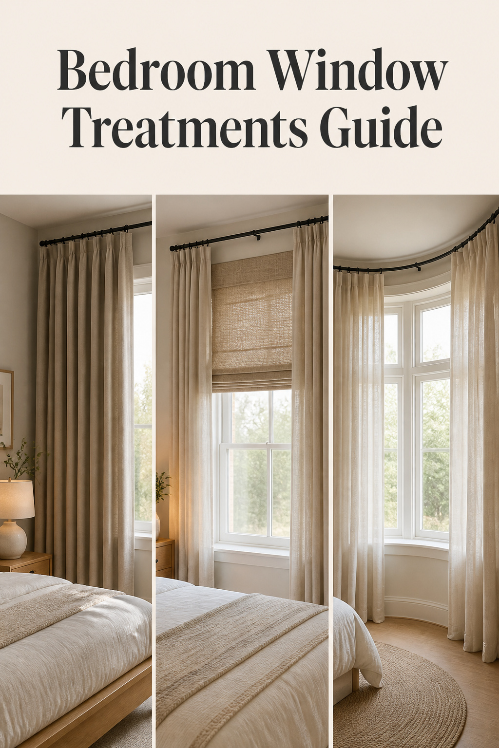 Pinterest collage of bedroom window treatment styles including layered curtains, blackout drapery, and a bay window curved track