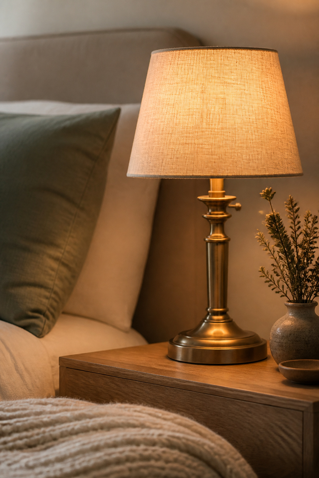 Linen-shaded bedside lamp with an aged brass base glowing warmly on a honey oak nightstand beside a sage green pillow