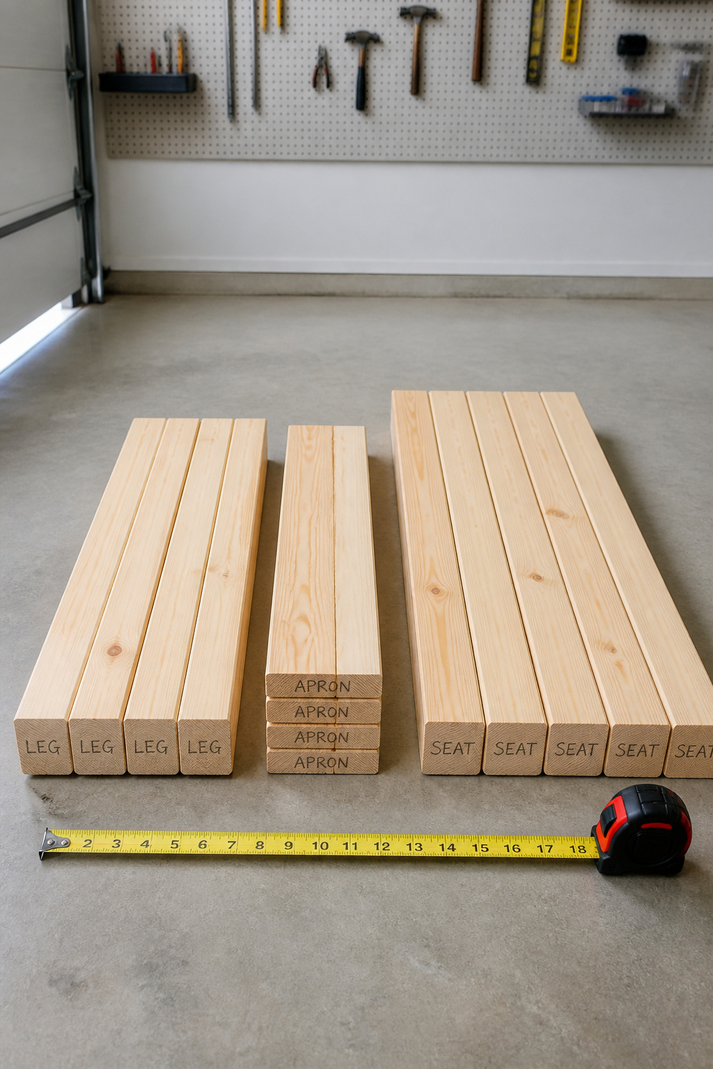 Cut pine bench parts laid out in labelled groups on a garage floor showing legs, aprons and seat boards before assembly