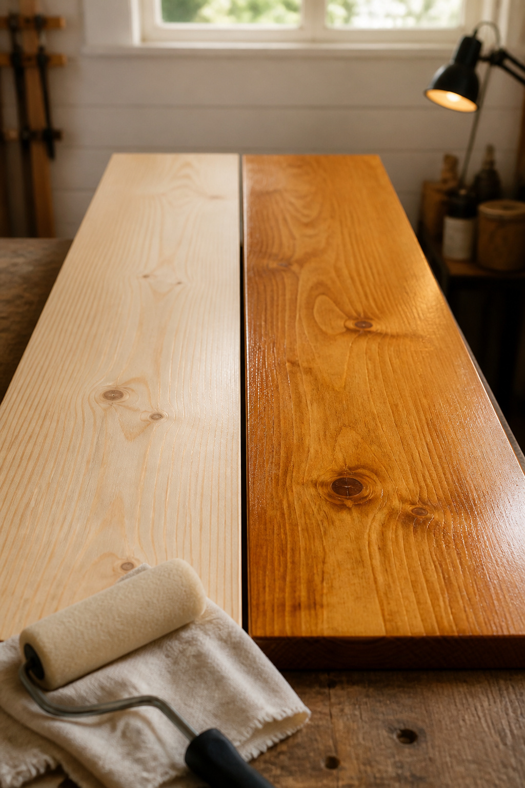 Two pine bench seat boards side by side — left showing raw sanded wood, right showing the same wood with two coats of satin polyurethane highlighting the grain