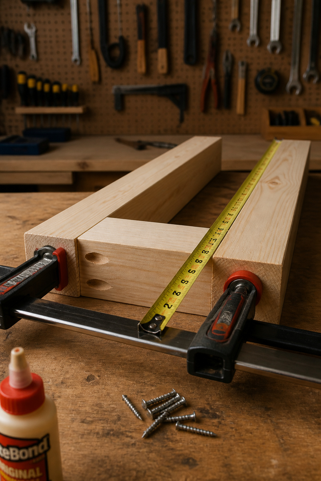 Pine bench leg frame clamped on a workbench with a tape measure showing the diagonal measurement for squaring