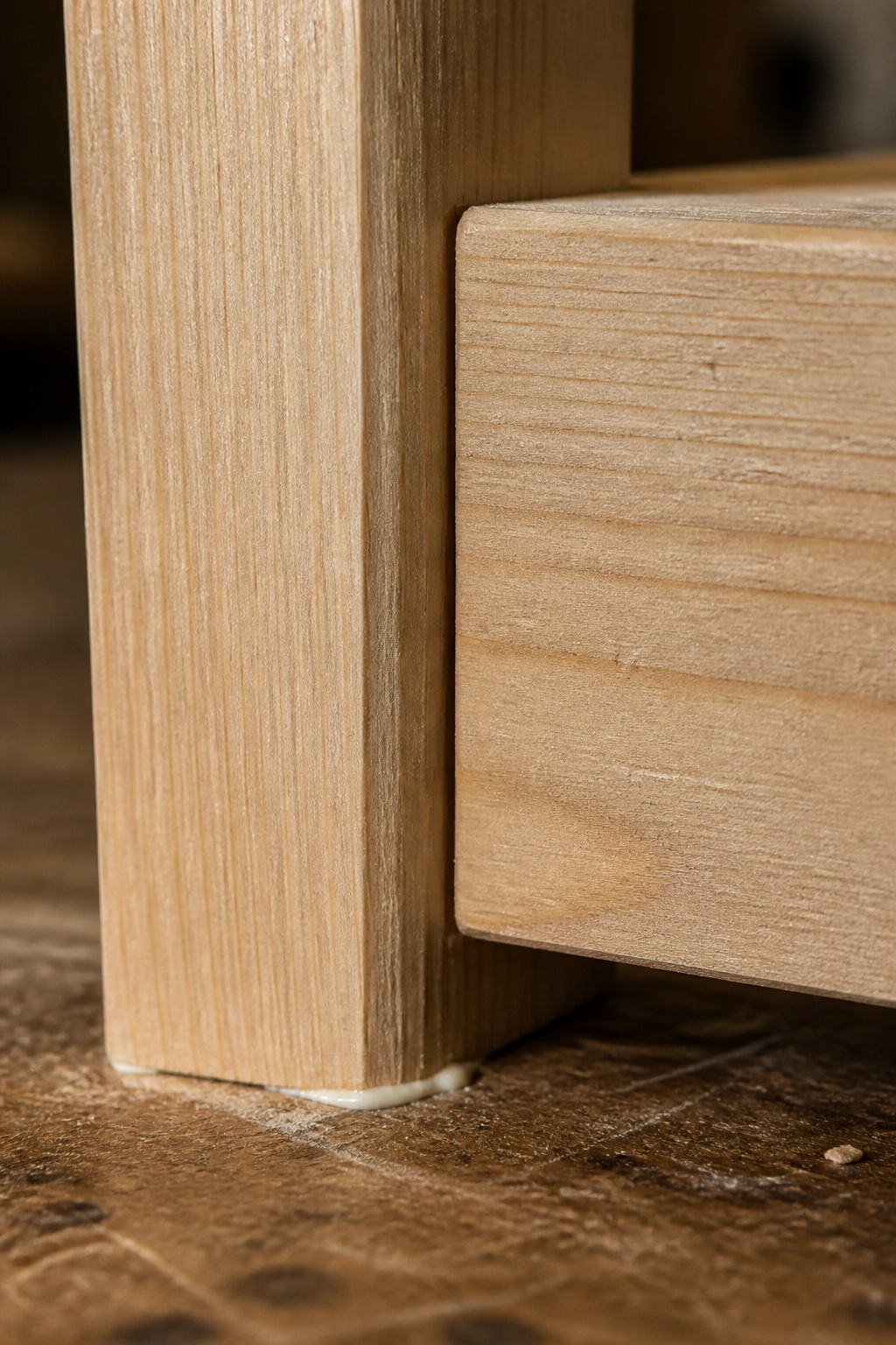 Close-up of a pine bench joint showing a gap between the apron end and the leg caused by insufficient clamping during assembly