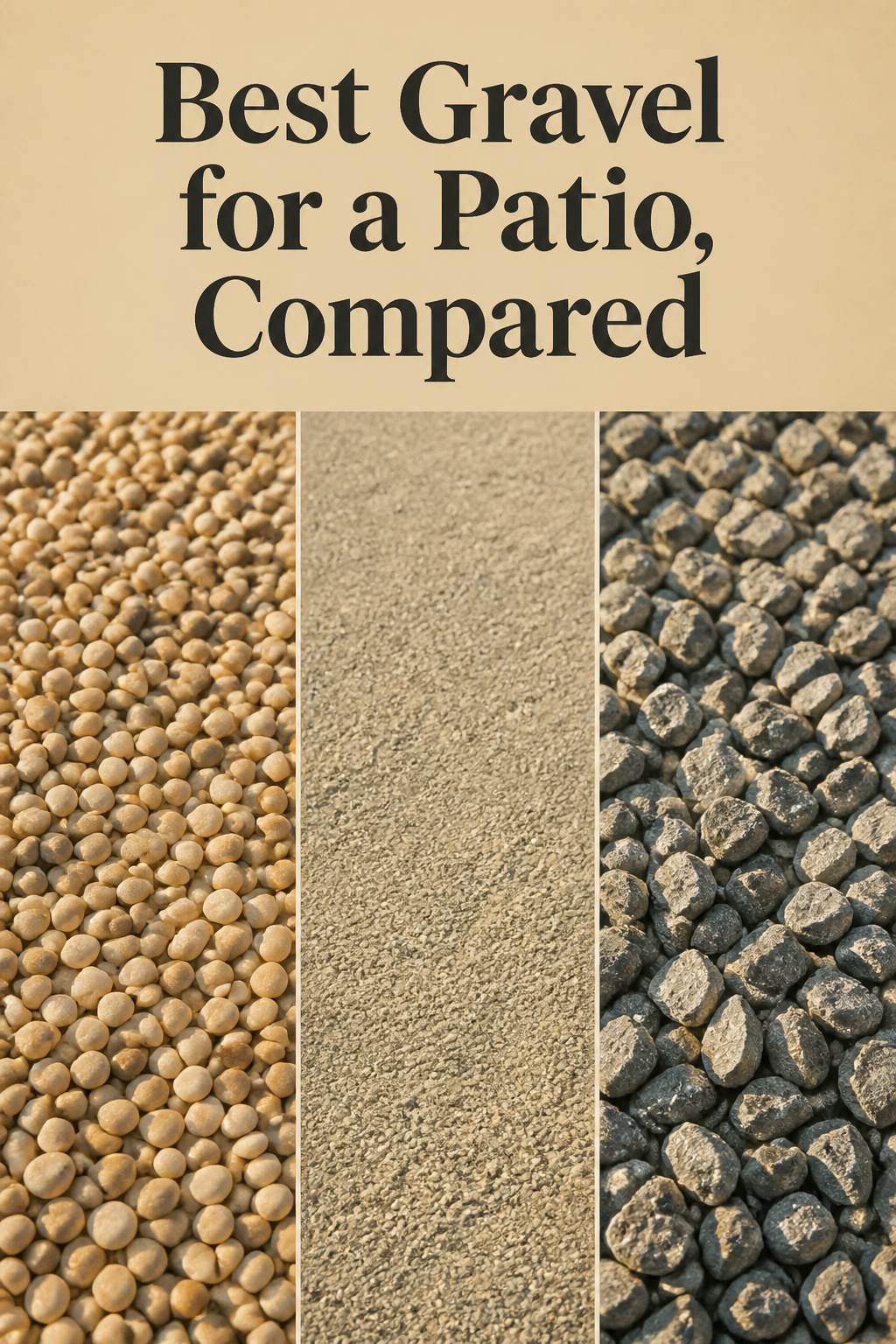 Three-panel collage comparing buff pea gravel, decomposed granite and angular crushed stone textures for a patio
