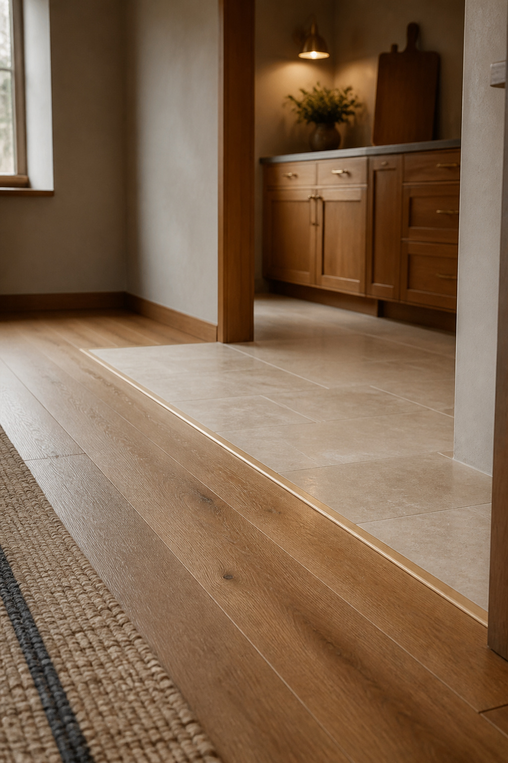 Honey oak engineered wood flooring transitioning into dijon honed limestone at a kitchen threshold