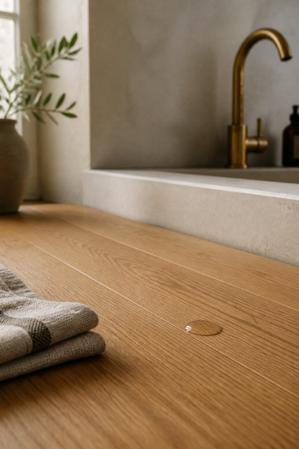 Close-up of a water droplet beading on sealed honey oak engineered wood kitchen flooring near a sink