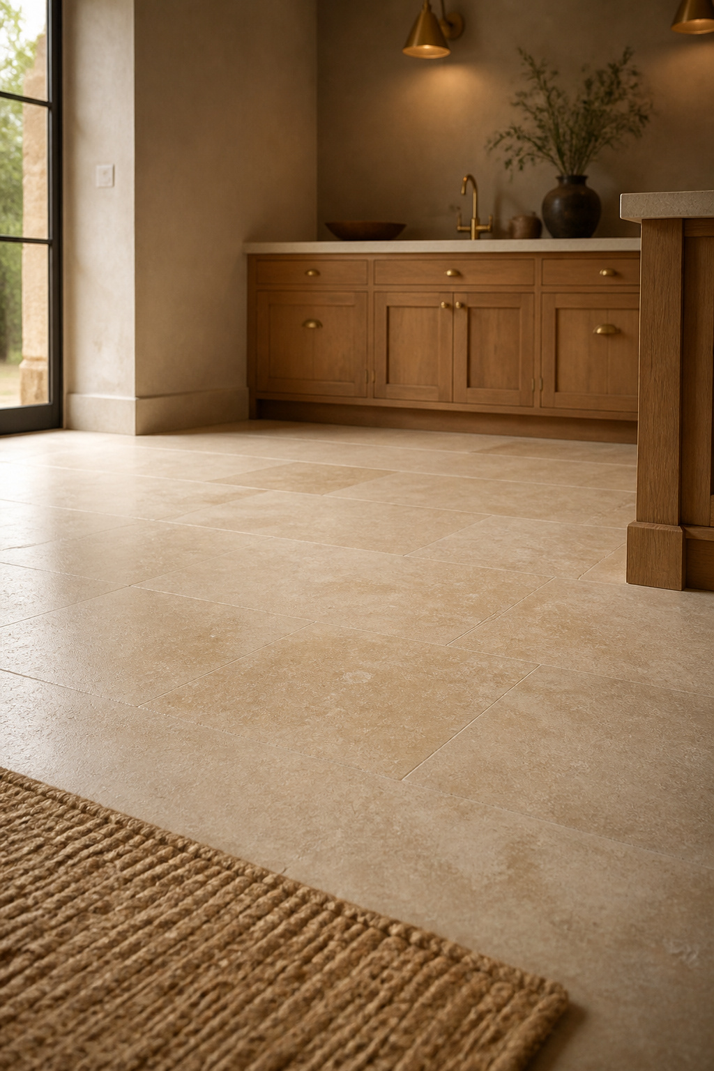 Honed dijon limestone kitchen floor photographed at a low angle with warm oak inset cabinetry blurred in the background