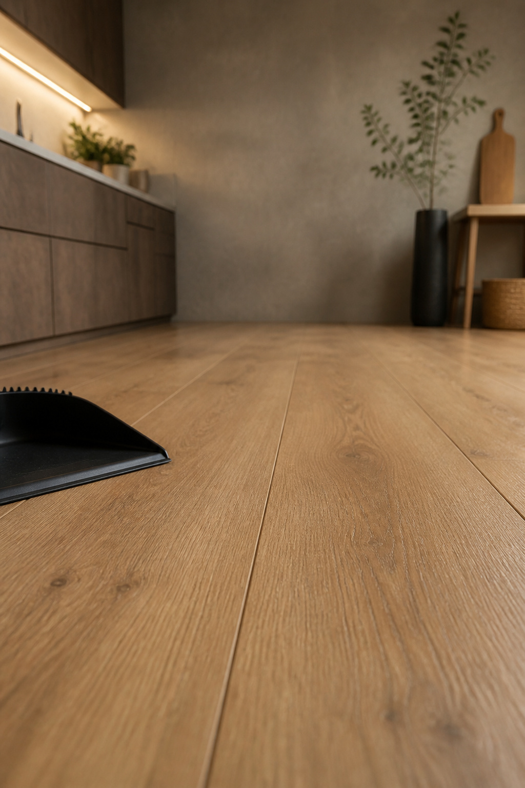 Close-up of a sealed seam on honey oak-look waterproof laminate kitchen flooring