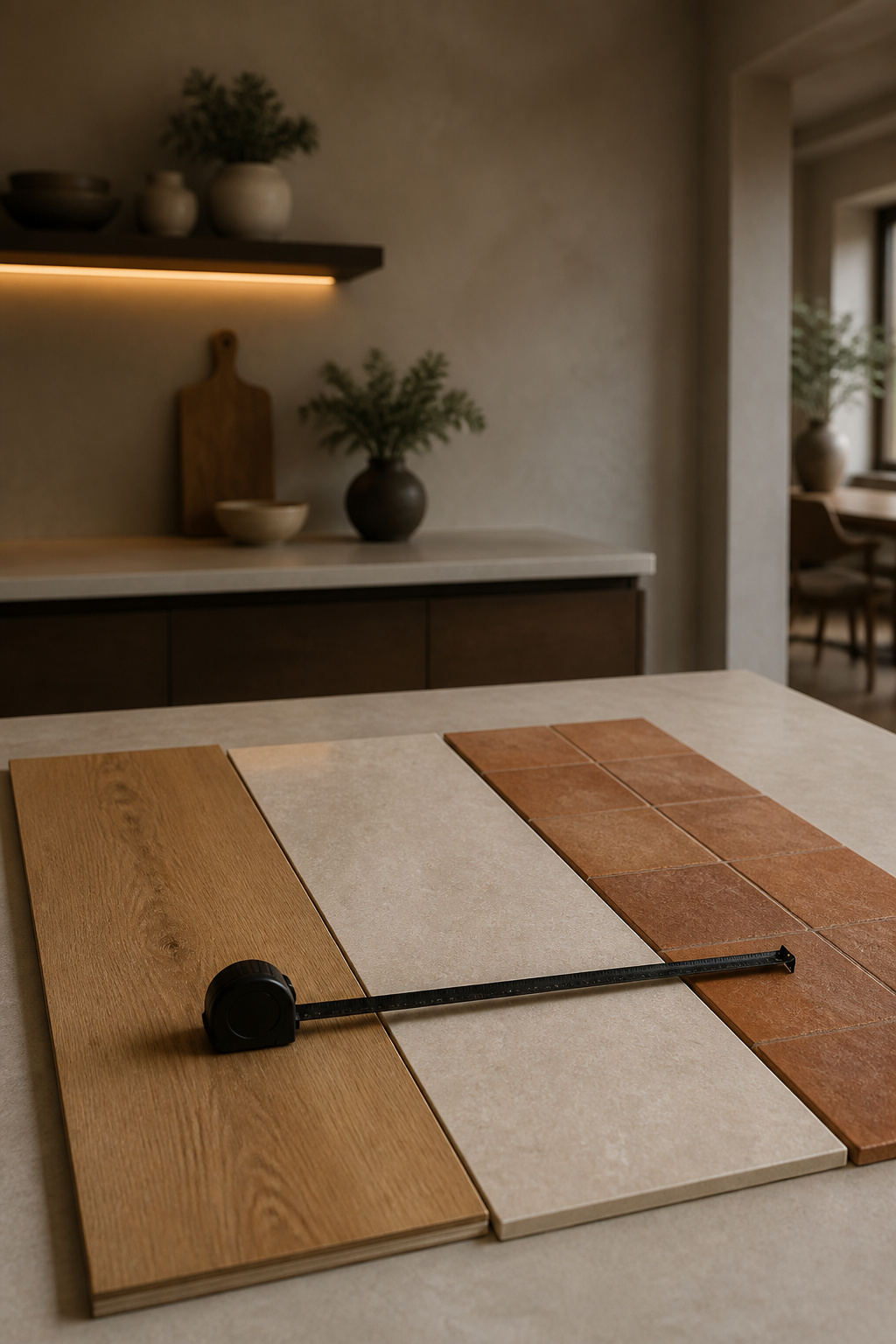 Three kitchen flooring samples — honey oak, limestone-look porcelain and terracotta tile — laid side by side for comparison