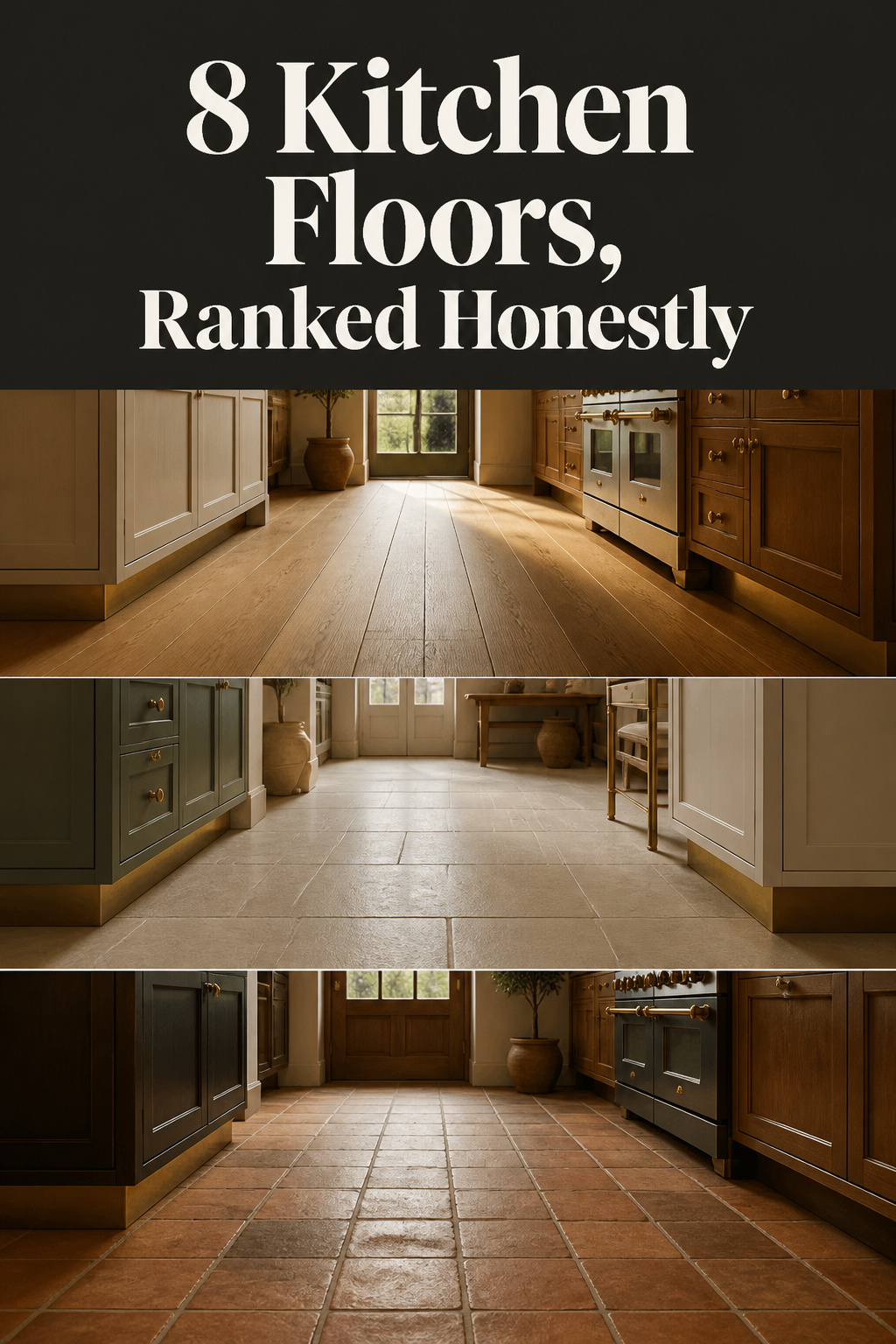 Three-panel Pinterest collage comparing oak, limestone and terracotta kitchen floor materials with a charcoal text band reading 8 Kitchen Floors, Ranked Honestly