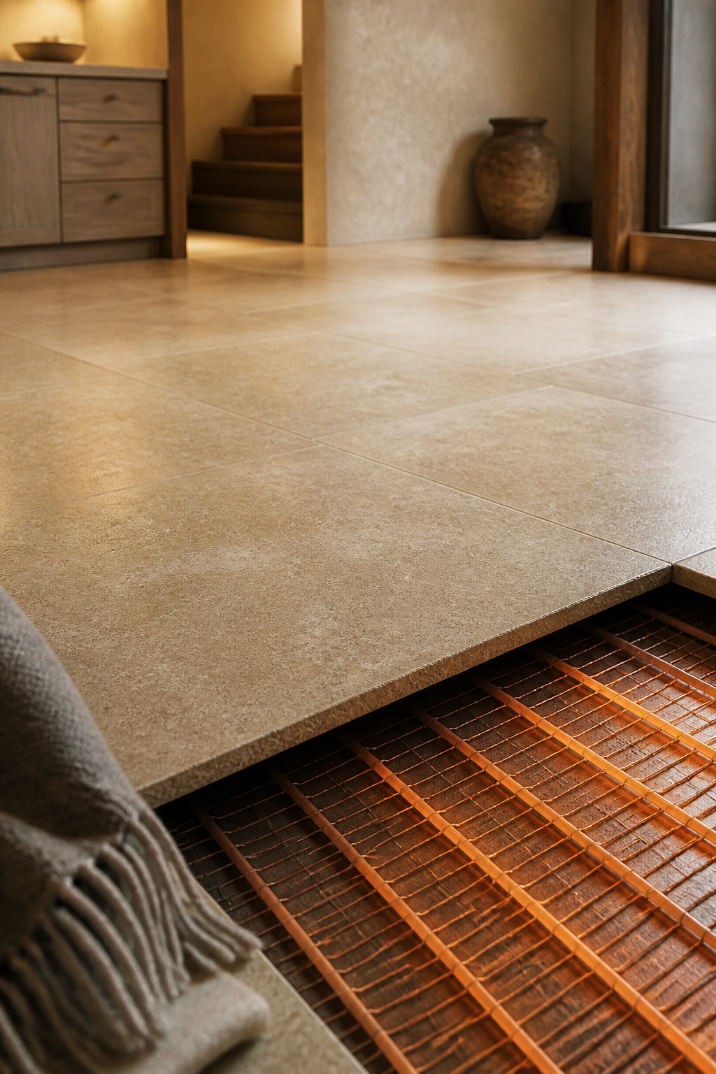 Honed dijon limestone kitchen flooring shown in cutaway over a radiant underfloor heating manifold