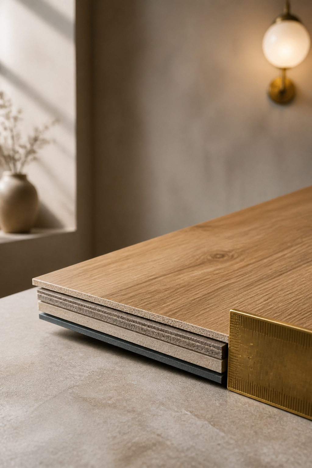 Cross-section of honey oak-look luxury vinyl plank flooring showing its wear layer above the printed design layer