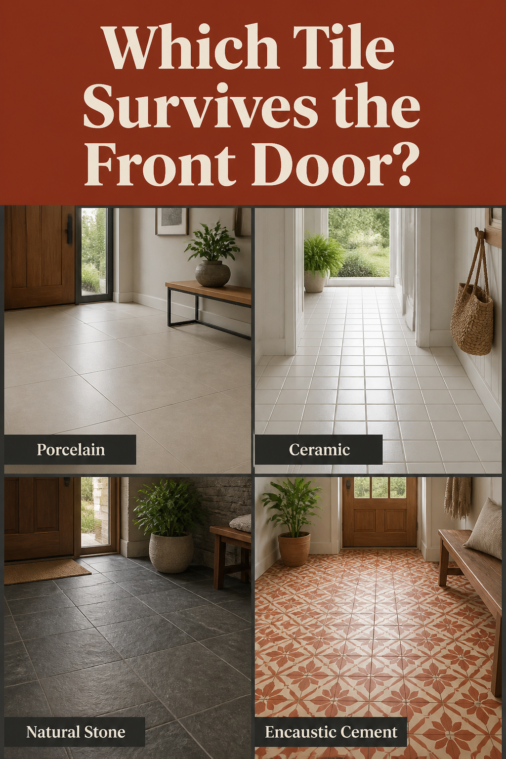 Four-panel comparison of entryway tile materials: matte porcelain, glazed ceramic, natural slate, and encaustic cement tile with material labels