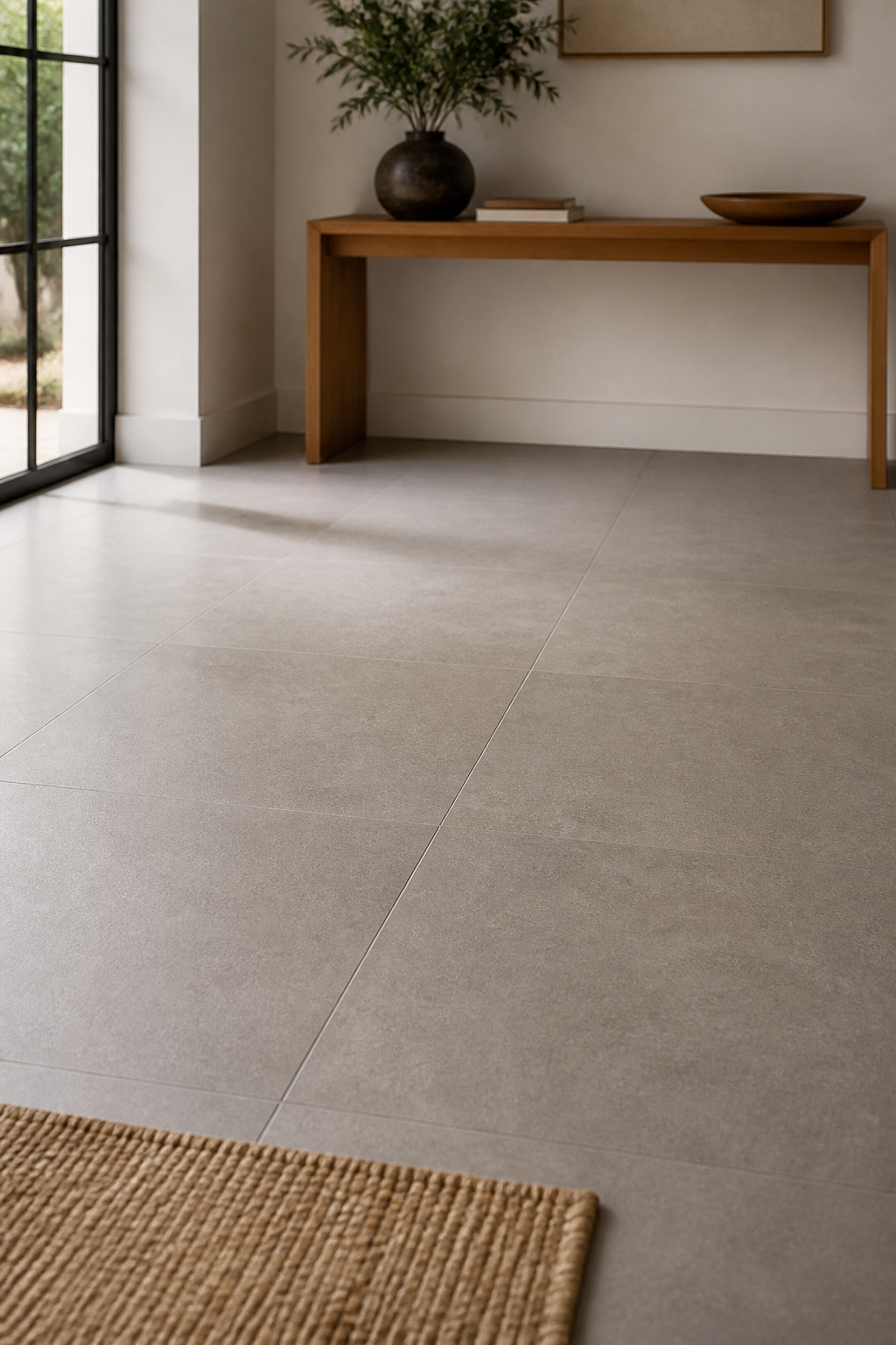 Large-format warm grey matte porcelain tile floor in a contemporary entryway with tight grout lines and a natural sisal mat near the door