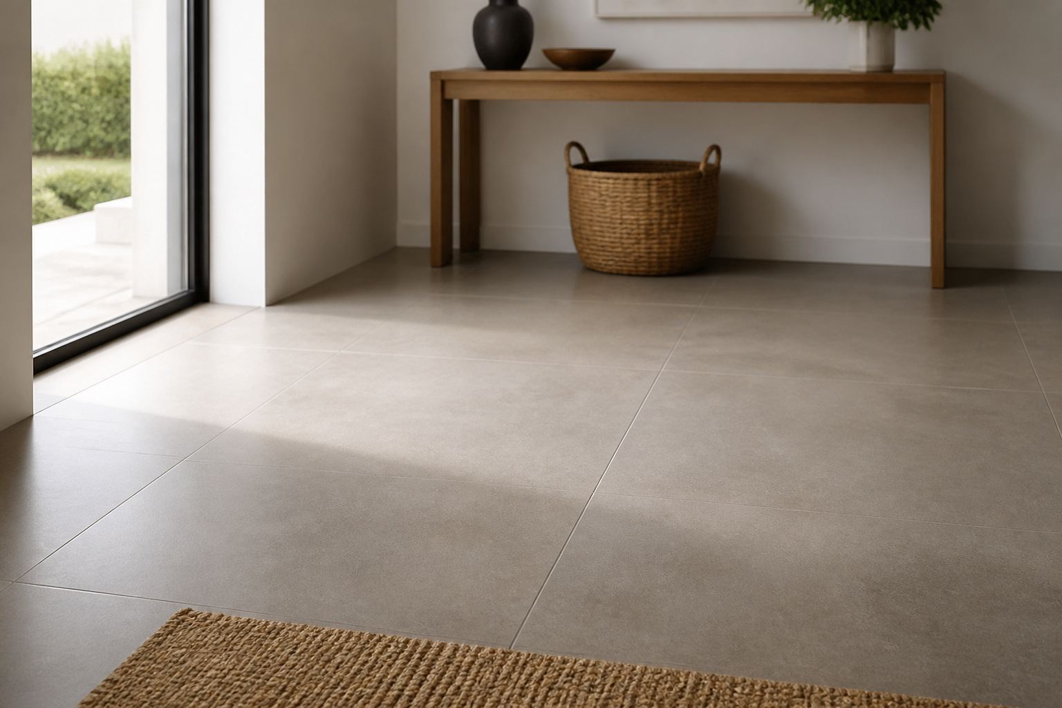 Large-format warm grey matte porcelain tile floor in a contemporary entryway with tight grout lines and a natural sisal mat near the door