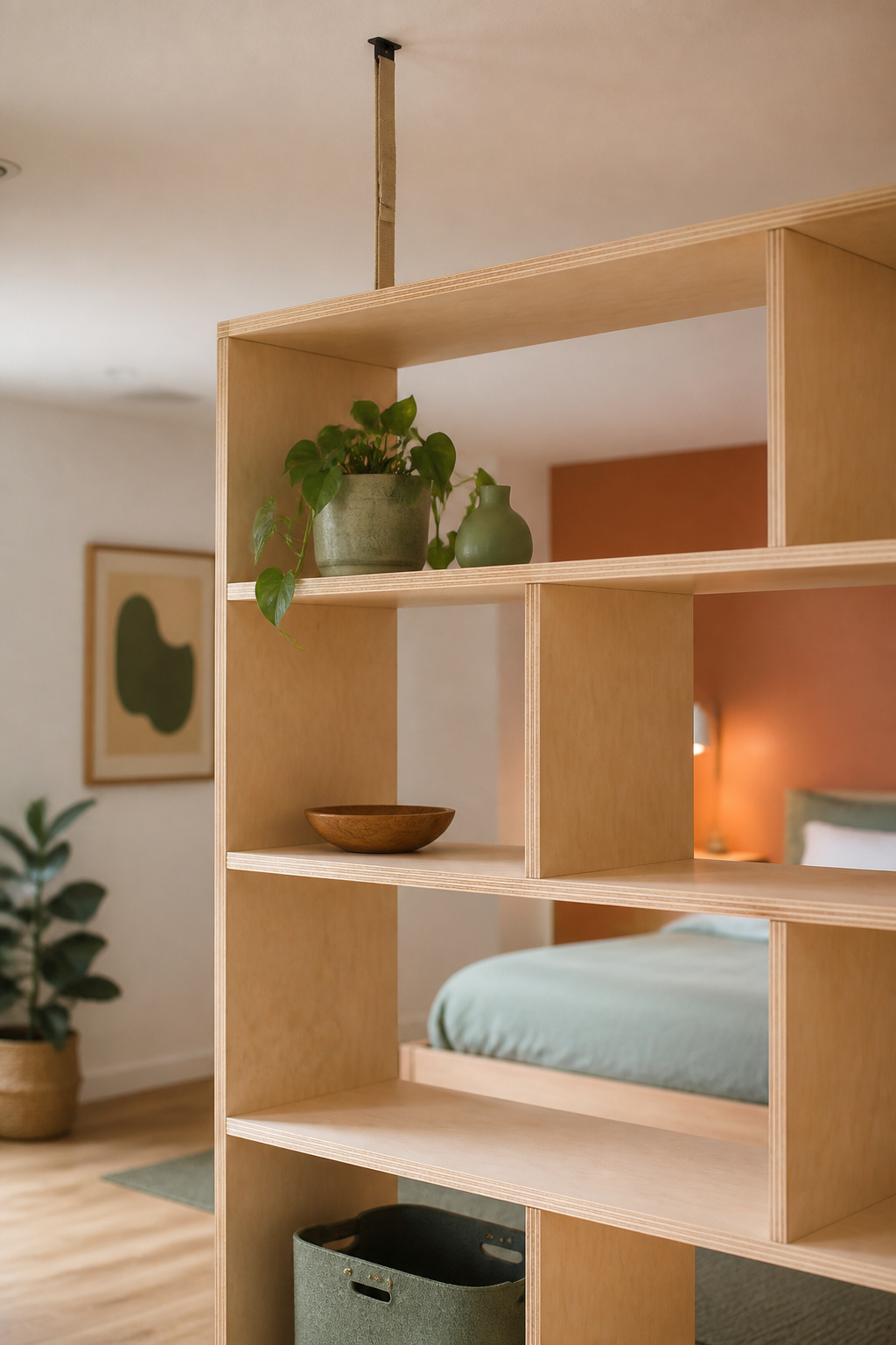 Open-back birch plywood shelving unit used as a room divider with a visible anti-tip anchor strap