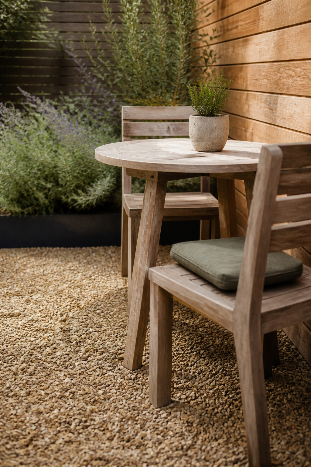Round bistro table and two teak chairs on buff pea gravel fitted tightly into a small backyard corner