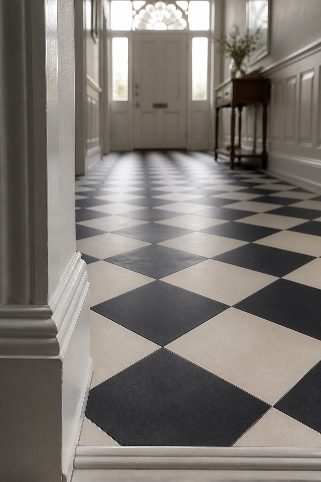 Classic black and white matte porcelain checkerboard set diagonally in a period entryway with white painted skirting boards