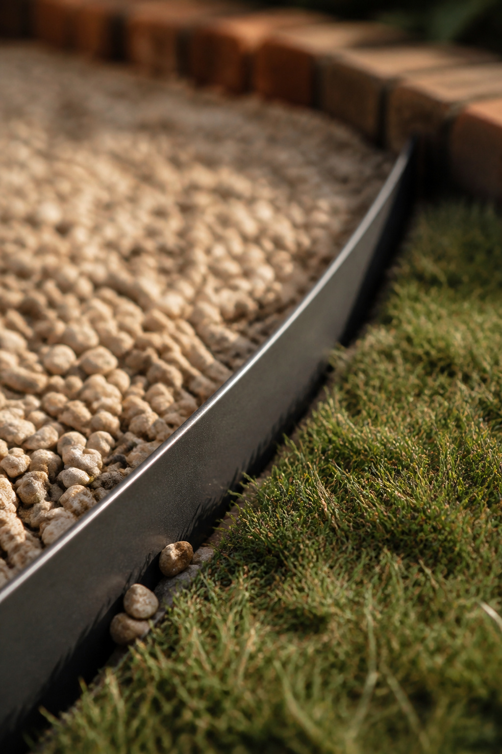 Blackened-steel edging containing buff pea gravel along a crisp lawn border