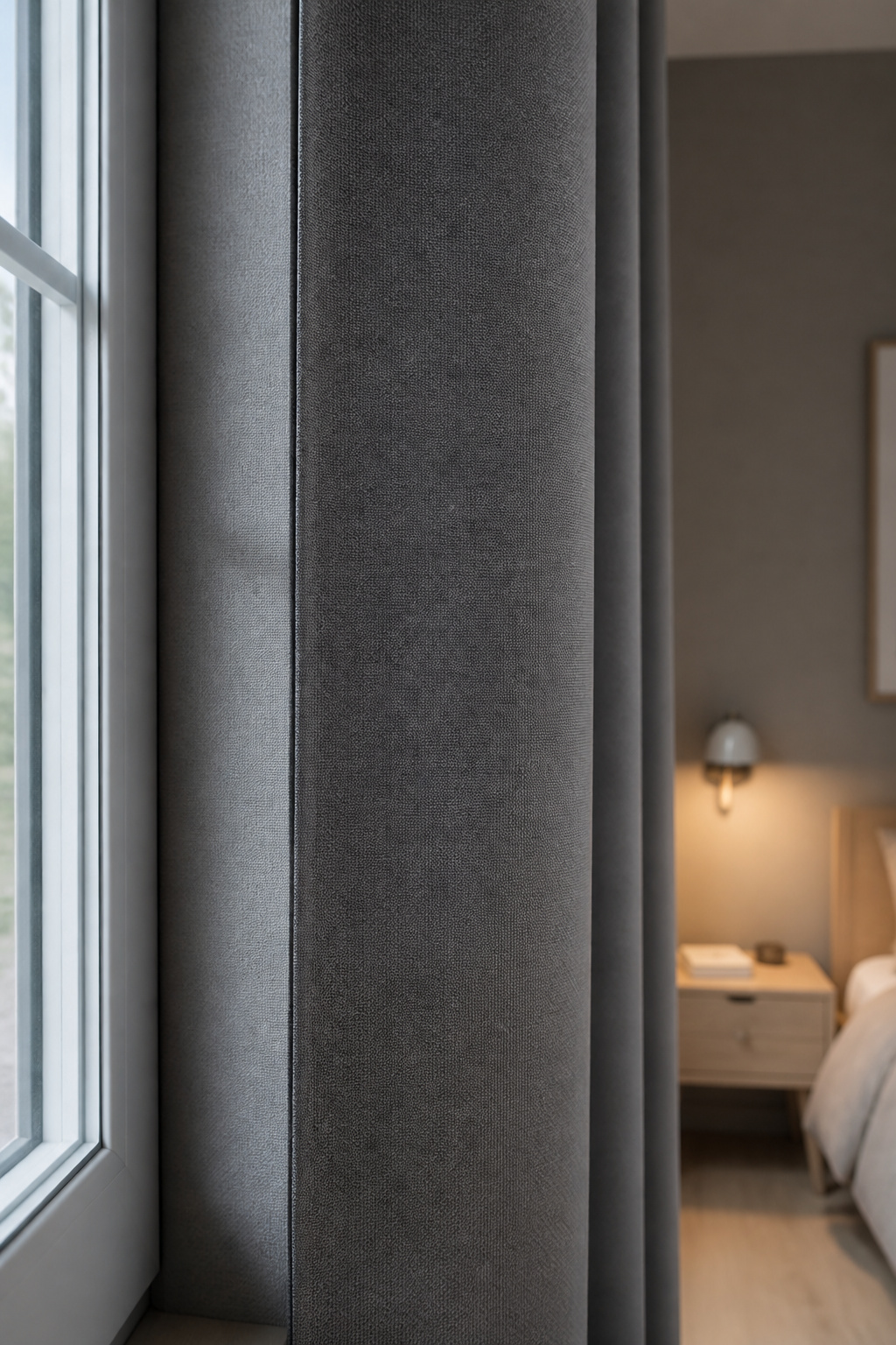 Close-up of a grey blackout curtain overlapping the wall beyond the window frame to block light gaps